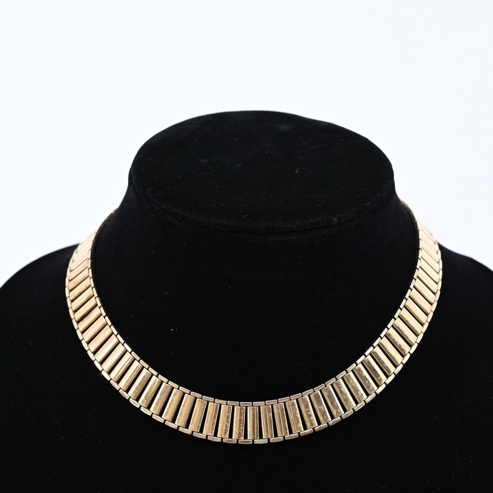 Vtg 15.5" Gold Tone Ribbed Bar Link Choker Necklace Cleopatra Style 80s Patina